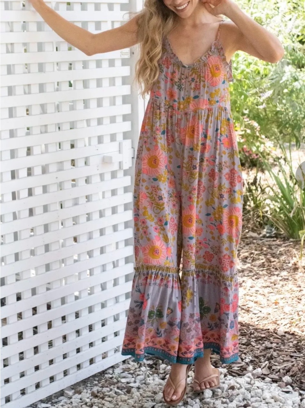 Natural Life XS Floral Wide Leg Jumpsuit Boho Ruffle Tiered Cottagecore Earthy